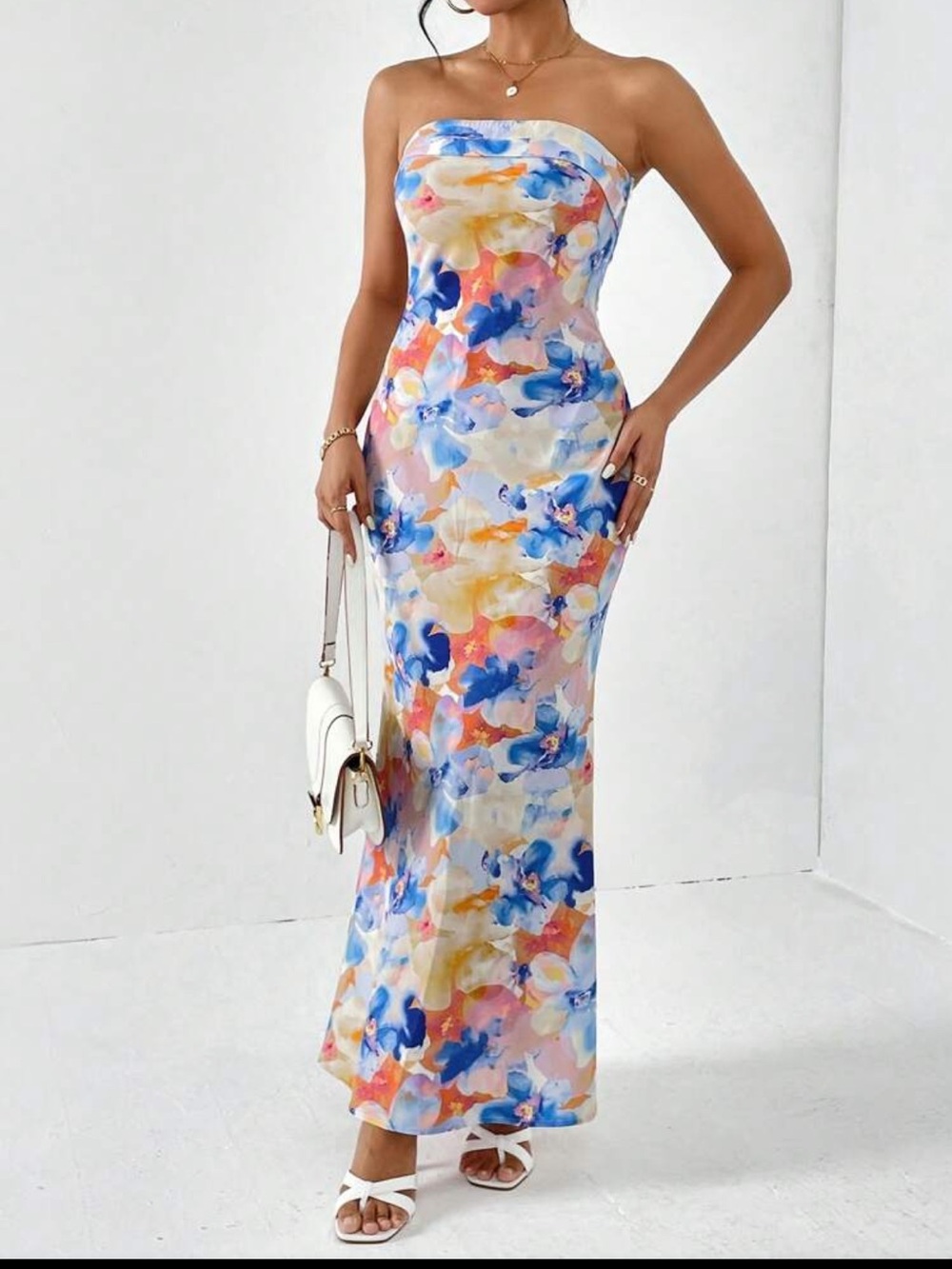 Strapless Watercolor Floral Maxi Dress - Blue Pink Orange